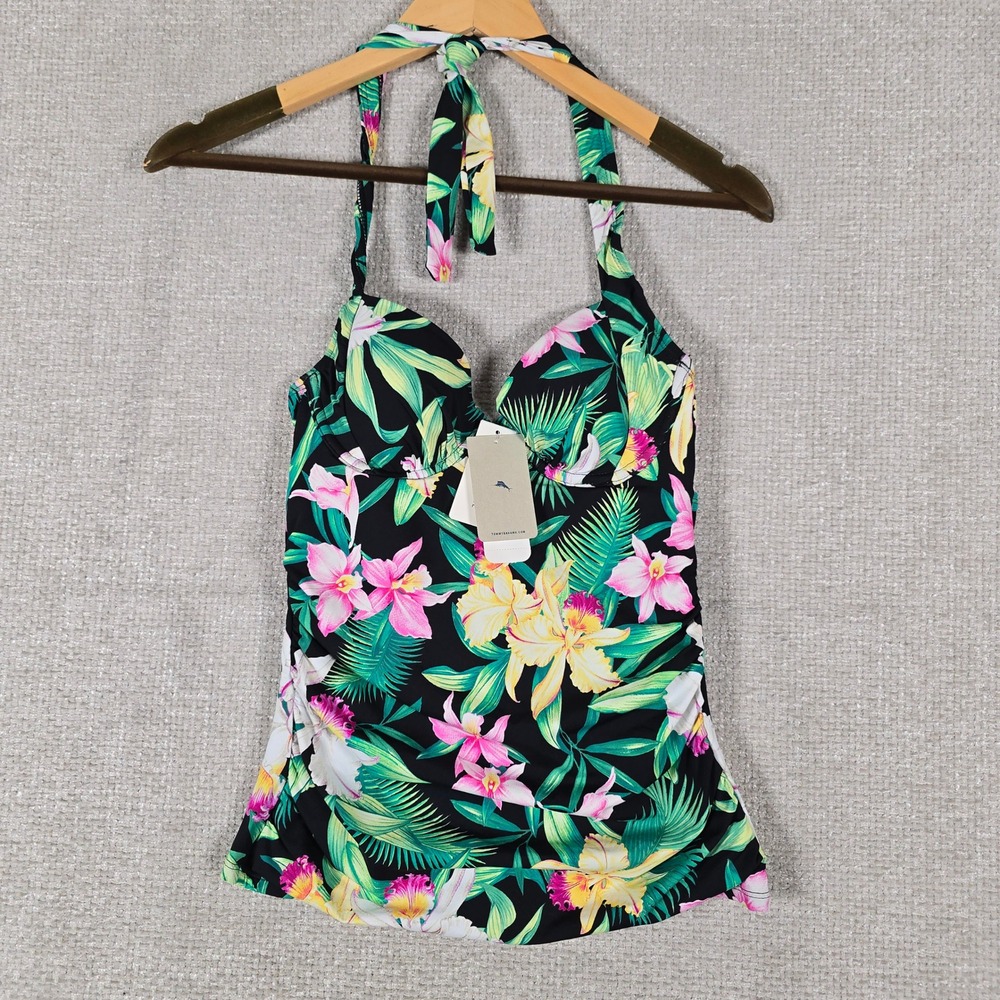 Tommy Bahama Orchid Garden Underwire Halter Tankini Top Black Floral SS100365 XS